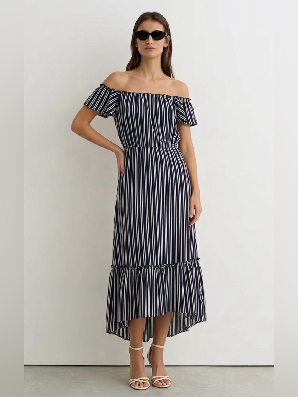 Aqua Off-the-Shoulder Navy/White Striped High-Low Ruffle Hem Midi Dress Small